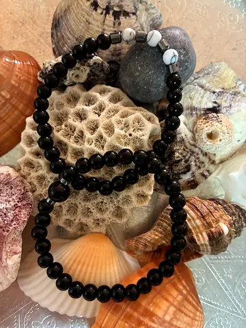 Pair of Black Beaded Stretch Bracelets with Accent Beads