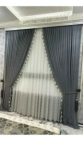 Grey blackout curtains with decorative tassels and sheer inner curtains - set of panels