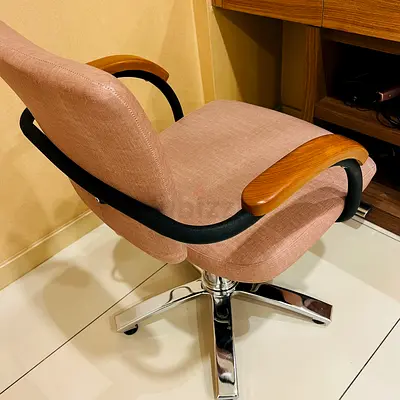 Light Pink Upholstered Office/Desk Chair with Wooden Armrests