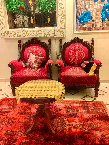 Pair of Vintage Red Upholstered Armchairs with Wooden Frame