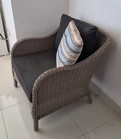 Set of 2 Weather Proof Wicker Rattan Armchairs with Cushions - Good Condition