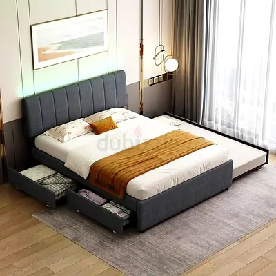 Modern Upholstered Bed with Storage Drawers and Pull Out Trundle