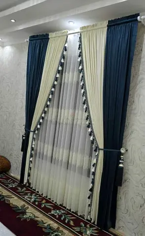 Blue and Ivory Tassel Curtains Set — Ready to Hang