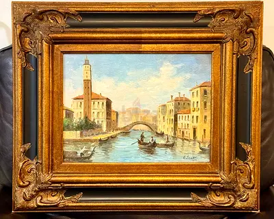 Vintage Italian Impressionist Oil Painting - Venice Canal  Gondolas (Signed E. Jacob)