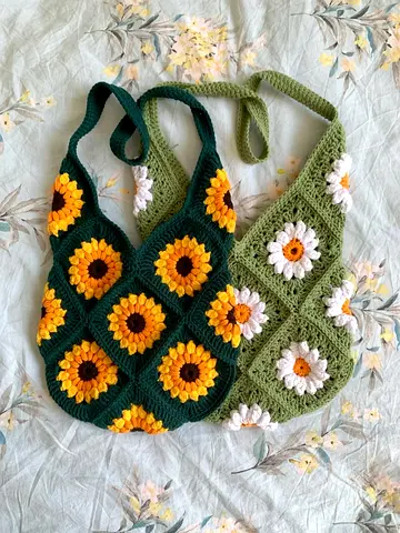 Handmade Crochet Floral Shoulder Bags - Sunflower  Daisy Designs (Set of 2)