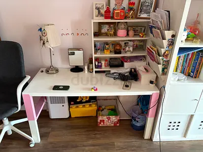 White and Pink Kids Study Desk with Shelves — Good Condition