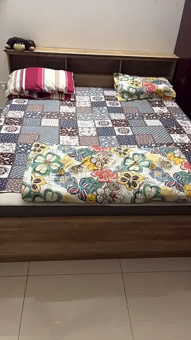 Queen wooden bed frame with headboard and storage shelf - good condition