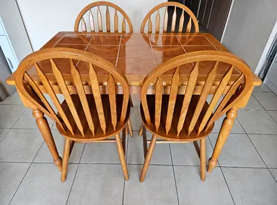 Solid Wood 4-Seater Dining Table with Tile Top and 4 Chairs