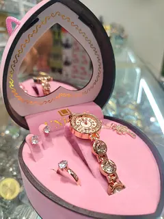 Rose Gold Finish Jewelry and Watch Set in Heart Box