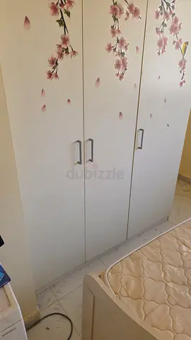 White 3-Door Wardrobe with Floral Decals – Good Condition