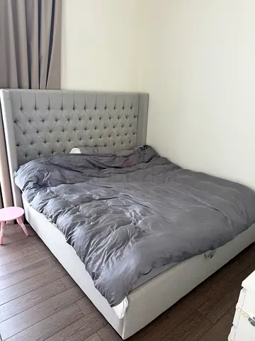 Upholstered Tufted Double Bed with Headboard - Light Grey+ comfort mattress