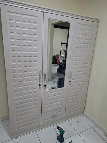 White 3-Door Wardrobe with Mirror - Good Condition