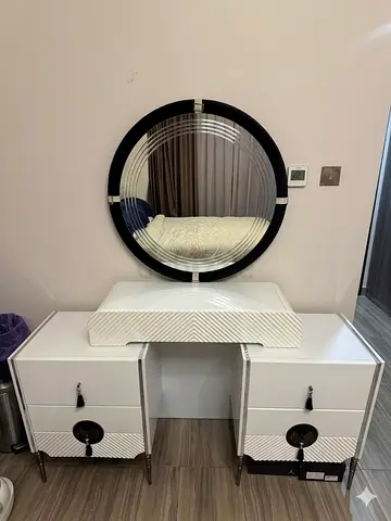 White Modern Dressing Table with Round Mirror and Two Drawers + 2 Bedside Tables