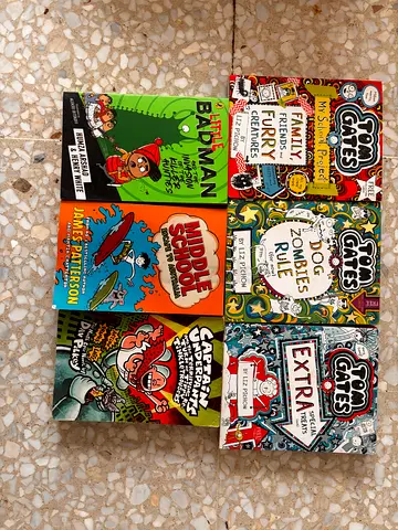 Collection of 6 Kids Books Assorted — Tom Gates, Captain Underpants, Middle School, Badman