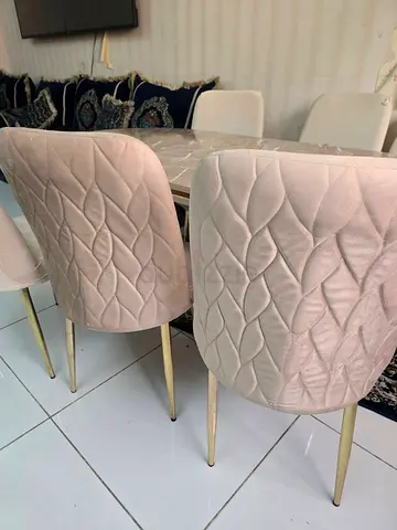 Set of 6 Beige Velvet Dining Chairs with Gold Legs - Used