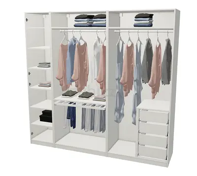 Spacious White 3-Section Wardrobe / Armoire with Shelves and Drawers