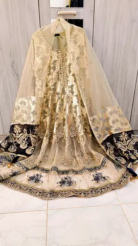 Elegant Gold and Beige Embellished Anarkali Suit