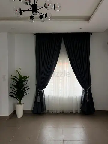 Dark Grey Full-Length Curtains with Sheer Liner - Like New