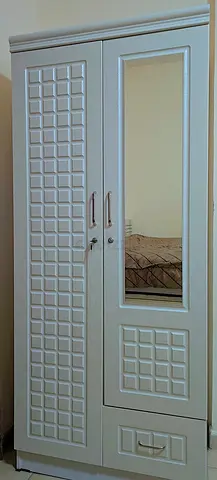 White 2-Door Wardrobe with Mirror and Drawer - Good Condition