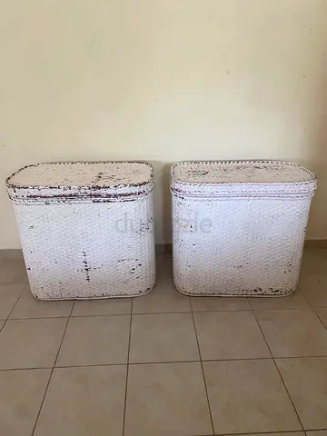 Pair of White Woven storage side tables - Rustic Finish