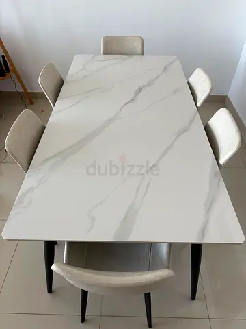 6-Seater Marble Top Dining Table with Cream Leather Chairs