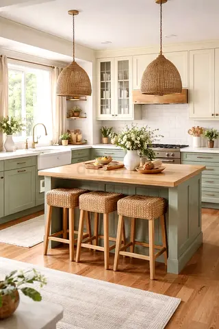 Solid Wood Kitchen Island with 3 Wicker Stools - Light Green Base, Natural Top