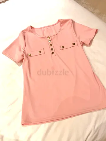 Light Pink Short Sleeve Womens Top with Decorative Buttons