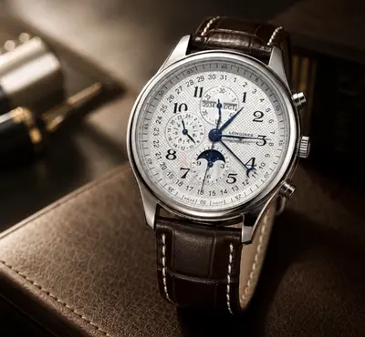 Mens Longines Moonphase Chronograph Watch - Brown Leather Strap