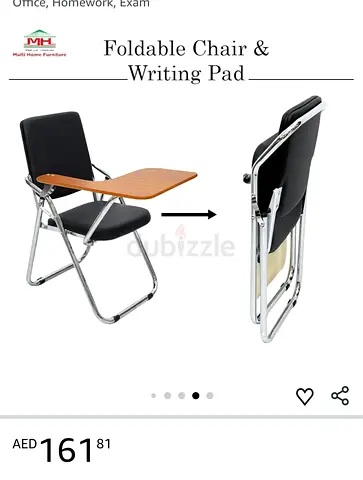 Set of 3 metal folding chairs with attached tablet arms - good condition