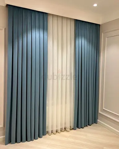 Pair of Blue Blackout Curtains with Sheer Liner - Ready to Hang
