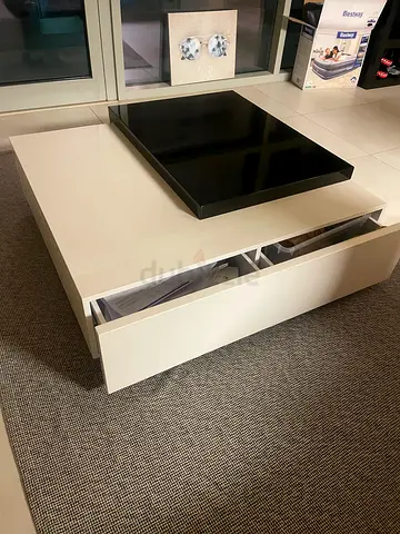 Low TV unit with storage and white gloss coffee table with storage