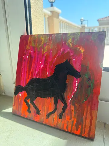 Original Acrylic Painting of a Black Horse on Abstract Red-Orange Background