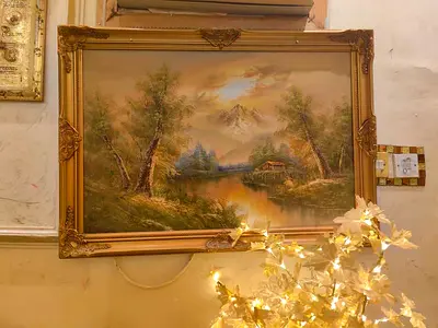 Framed Landscape Oil-Style Painting with Ornate Gold Frame