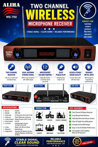ALIHA MS-750 Dual Channel Wireless Microphone Receiver with Dual Antennas