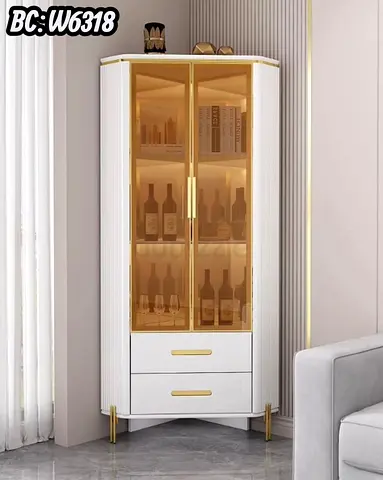 Corner Display Cabinet with Glass Doors and Drawers (White  Gold) 180x100cm