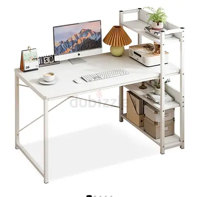 White Metal Computer Desk with Built-in Shelves — Good Condition