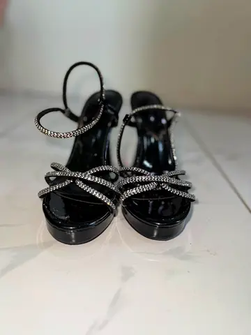 Black Platform Sandals with Rhinestone Straps