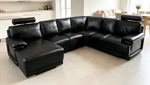 Sofa Leather Black U Shape