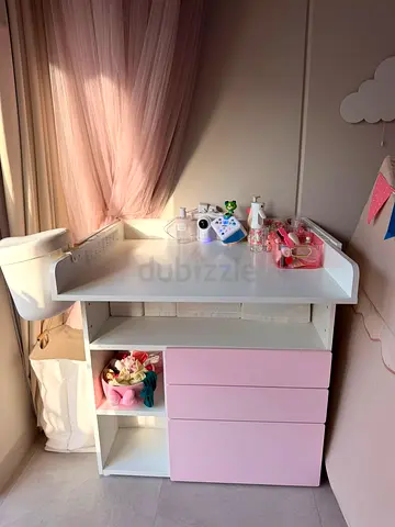 White and Pink Baby Changing Dresser with Storage