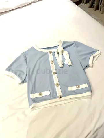 Light Blue Short-Sleeve Cropped Cardigan with White Trim