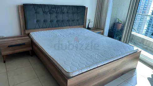 Queen wooden bed frame with upholstered headboard and 2 matching bedside tables