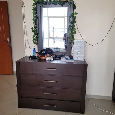 Dark Wood Dresser with Mirror — 4 Drawers, Good Condition