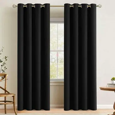 Set of Black Grommet Eyelet Curtains – 2 Panels, Light-Blocking