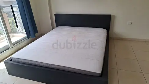 Dark Grey Platform Bed Frame with Mattress - Queen Size