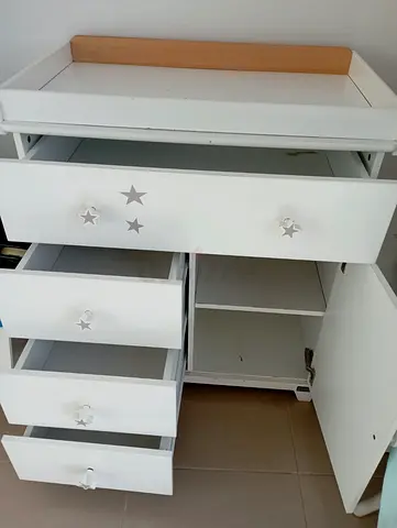White Baby Dresser with Star Handles and Teddy Print and Baby cot - Good Condition