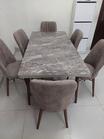 6-Seater Marble-Top Dining Table with Upholstered Chairs