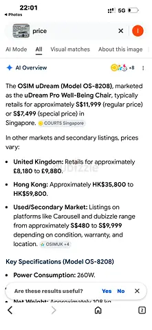 Used OSIM uDream Pro Well-Being Chair (Model OS-8208) — Screenshot Listing Info