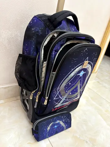 Wheeled Rolling Kids Backpack with Detachable Pencil Case - Space Design