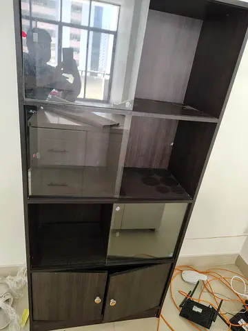 Dark Wood Modular Storage Unit with Glass Doors — Good Condition