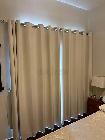 Beige Eyelet Blackout Curtains - Set of 2 Panels with silver rods (H: 234cm x W:256cm)